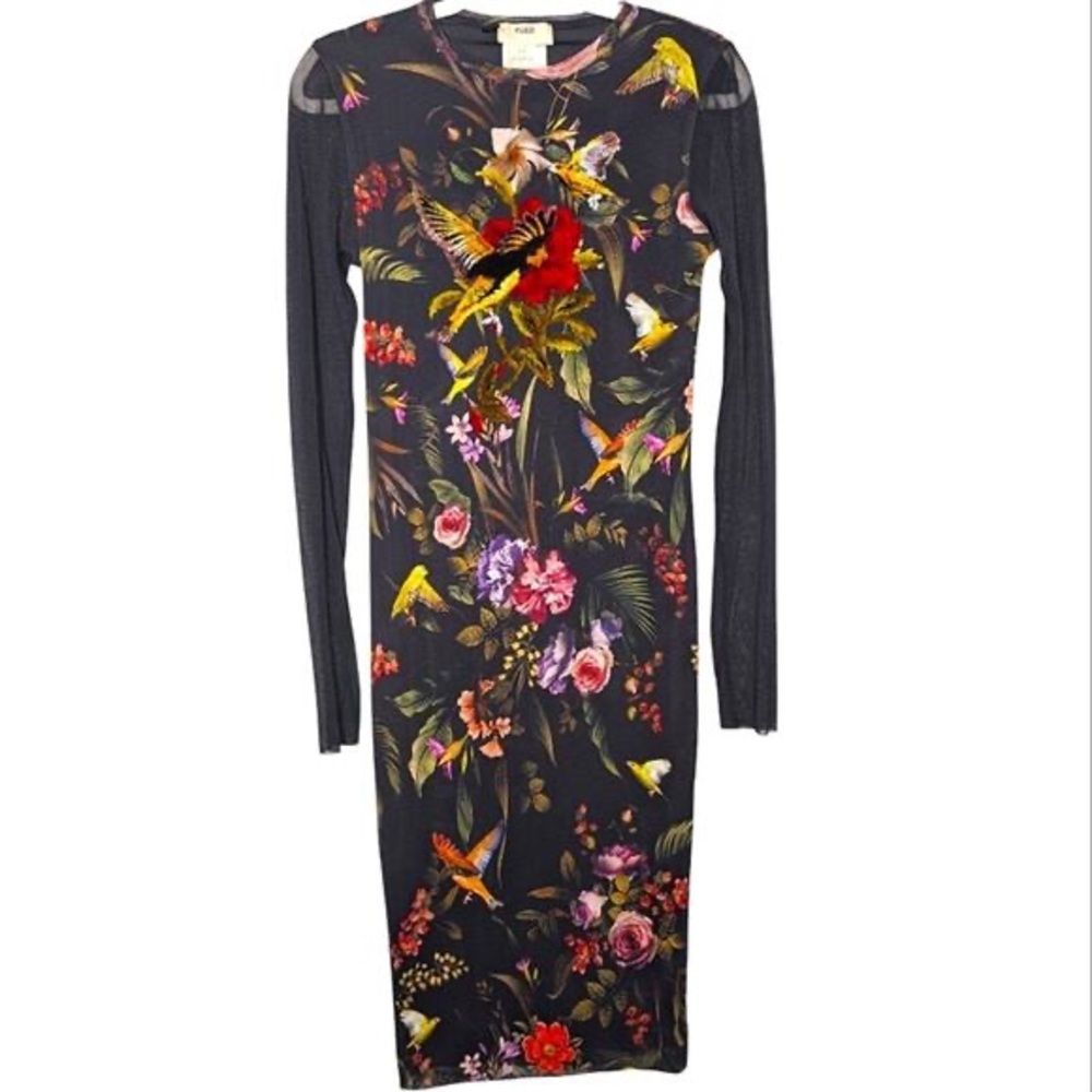90's Y2K Fuzzi Whimsigoth Dark Fairycore Mesh Floral Embroidered Midi Dress